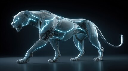 Futuristic, technological panther illuminated with glowing blue lines, walking confidently against a dark, gradient background, showcasing a sleek, mechanical design with a sense of the unknown and...