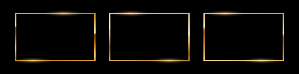 Golden frames on black background. Luxurious glowing borders with subtle lighting effects. Elegant template for gallery, award, design showcase. Realistic vector illustrations set.