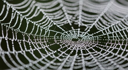 Macro of a spider web covered with sparkling water droplets.