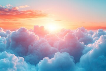 Wall Mural - Above fluffy clouds, a radiant sunrise/sunset paints the sky. Golden and pastel hues create a serene, dreamy, ethereal vista.