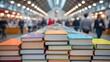 © Md Fazly Rabby - A stack of colorful books is displayed at a busy indoor book fair or exhibition with people in the background.