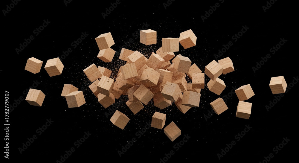 Scattering Cube Dynamic cluster of light wood cubes erupting and scattering in a burst ...