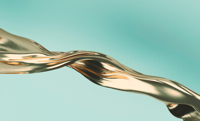 Wall Mural - 3D illustration in abstract fluid style, featuring a shiny golden wave with smooth, flowing shapes against a light blue background. The image is elegant, modern, and dynamic.