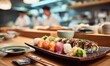 © mitu - Delicious sushi platter in a restaurant, showcasing various types of sushi rolls