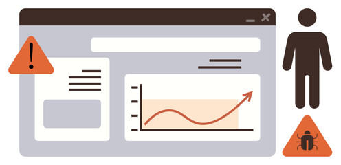 Browser window with alert icons, a human figure, and a chart showing growth. Ideal for system security, data analysis, user management, monitoring, performance metrics, troubleshooting simple flat
