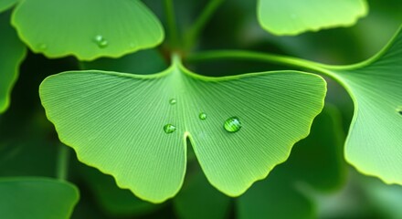 Closeup of vibrant green ginkgo biloba leaf with water droplets on it