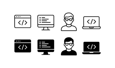 Wall Mural - Minimalist developer icons: computer, code, programmer avatar in monochrome style