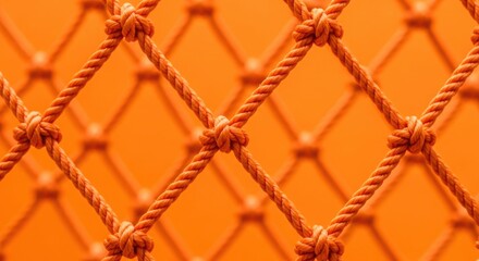 Closeup of an orange rope net creates a vibrant and abstract background