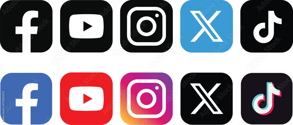 Social Media Icon Set – Facebook, YouTube, X (Twitter), Instagram