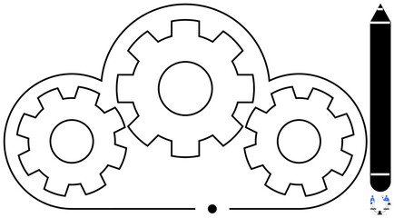 Cloud outline housing three interconnected gears alongside a pencil. Ideal for technology, teamwork, creativity, innovation, cloud computing, workflow, brainstorming. Simple flat metaphor