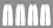 © Yulish - Vector woman fleece jogger technical drawing, teenage style pants with waistband and side pockets detail fashion CAD, template, sketch, flat. Woman flowy trousers with front, back view, white color