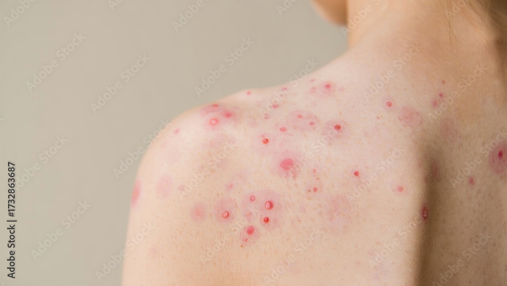 Person's upper back and shoulder showing skin lesions, rashes, and ...