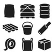 © vVadim - Construction Material Icons. Solid style icons of construction material packaging: cement sack, shrink wrap bundle, metal drum,