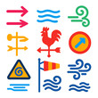 © vVadim - Wind Condition Icons. Flat vector icons of wind conditions: strong wind arrows, breeze lines, wind gust swirl, wind vane,