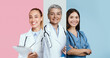 © Prostock-studio - A collage features three smiling medical professionals. The team includes a woman with long hair in a white coat, a middle-aged woman with gray hair, and a young woman wearing blue scrubs.