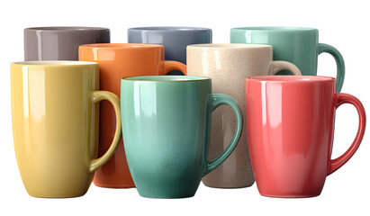 Assorted coffee mugs with different colors isolated on transparent background