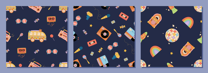 Wall Mural - Groovy retro seamless music pattern in cartoon graphic style set. Colorful set with cassette, record, party disco, and rainbow shapes on a dark background. Trendy y2k graphic for playful modern