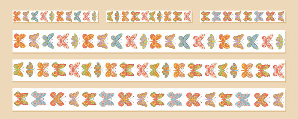 Wall Mural - Groovy retro seamless butterfly border set in colorful floral pattern and y2k style. Vibrant seamless border pack with abstract graphic frame for creative vintage projects.