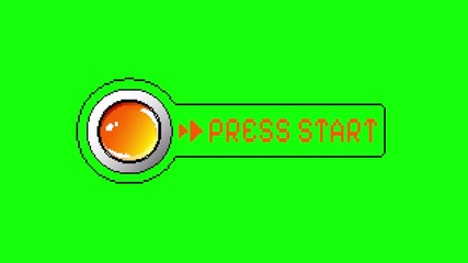 A 'Press Start' button in pixel art style for video games, featuring an isolated green screen background for easy chroma keying. This asset is perfect as a UI menu element.