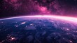 © Hajrah - A vibrant, stylized depiction of Earth from space, showcasing city lights and a dramatic, pink-hued nebula in the backdrop.  The curve of the planet is prominently displayed