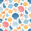 © Rindi - Ocean seamless pattern, vector doodle sea shell hand drawn texture, nautical whimsical background.