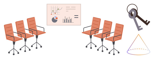 Office chairs align before graph board with analytics, alongside keys and a geometric figure. Ideal for teamwork, strategy, analytics, professional planning, security, structure solutions. Simple