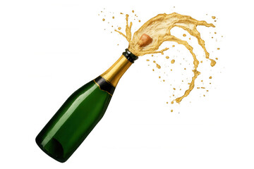 Champagne bottle exploding cork and golden drink splash, celebrating a happy new year holiday party occasion