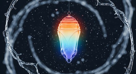 Abstract colorful object suspended with water swirls on dark background