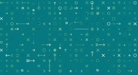 Abstract seamless pattern of diverse green arrows, crosses, circles, and geometric symbols on a teal background