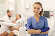 © JackF - Smiling female dentist assistant stands in a blue gown and gloves against the background of the office and a dental chair. Nurse invites clients to visit the dentist