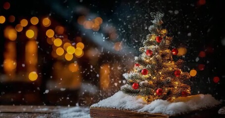 Wall Mural - Christmas Tree with Glowing Lights and Falling Snowflakes