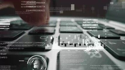 Man working on laptop computer keyboard with graphic user interface GUI hologram showing concepts of big data science technology, digital network connection and computer programming algorithm. Glean