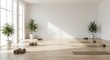 © Jack - Empty yoga studio with sunlight and plants for wellness and relaxation