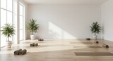 Empty yoga studio with sunlight and plants for wellness and relaxation