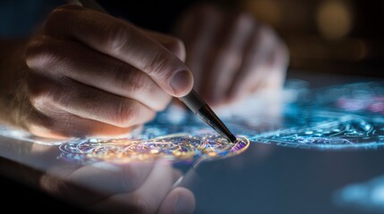 Hands using stylus on interactive tablet