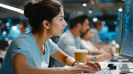 Focused on Technology: A concentrated individual, hair neatly styled in a bun, immersed in computer work within a cutting-edge, modern office environment.