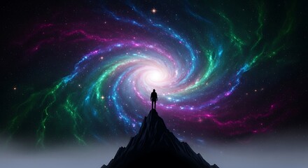 Lone figure silhouetted on mountain peak gazing at a vibrant swirling galaxy person solitary