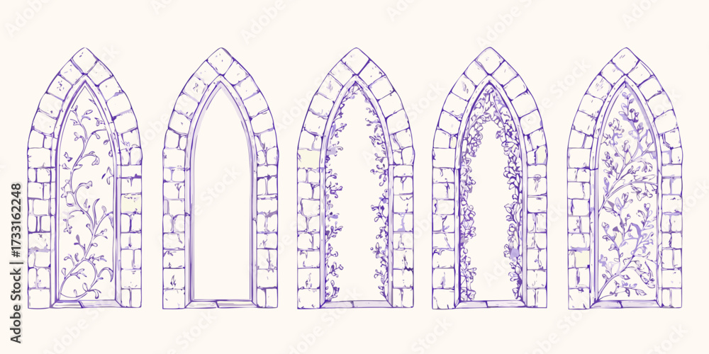 Collection of gothic arched windows with intricate floral vine designs ...