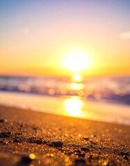 Wall Mural - Orange sun sets over the ocean waves and sandy beach, painting the sky with warm reflections