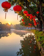Wall Mural - Early morning reflection of red Chinese temple architecture on the lake in the peaceful park
