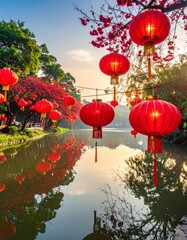Wall Mural - Early morning reflection of red Chinese temple architecture on the lake in the peaceful park