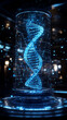 © Your Hand Please - Photorealistic glowing DNA double helix in a futuristic medical lab with holographic interface symbolizing genetics biotechnology genomics research and scientific innovation.