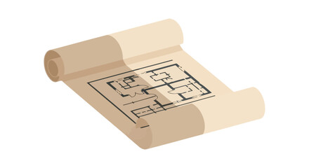 An architectural blueprint design unfolds on aged parchment, displaying a detailed floor plan for construction and interior design projects, perfect for design inspiration