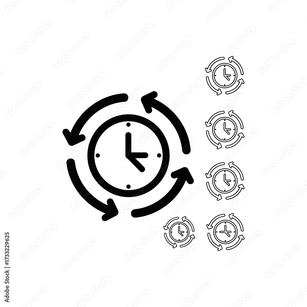 Four stylized clock icons showing reload, reset, and circular time flow ...