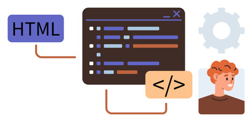 Code editor with colorful syntax highlighting connects to HTML element and developers profile with gear. Ideal for programming, web design, learning, coding collaboration, software development, IT
