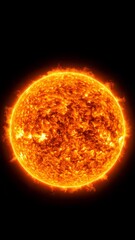 Wall Mural - Fiery orb of the sun with intense solar activity and radiant plasma flares against a dark black cosmic background, space.