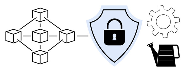 Interconnected blocks represent blockchain, shield with lock for cybersecurity, gear for process, and watering can for growth. Ideal for blockchain, security, cyber protection, development