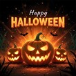 © Christopher - Three Glowing Jack-o'-Lanterns in Dark Night - Happy Halloween Dramatic Background - Spooky Party Invitation