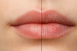 © Kanishka - Close-up of human lips showing contrast between smooth, hydrated skin and dry, chapped texture, highlighting lip care and hydration effects.