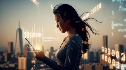 Asian Woman Using Tablet with Cityscape Background and Binary Code Overlay